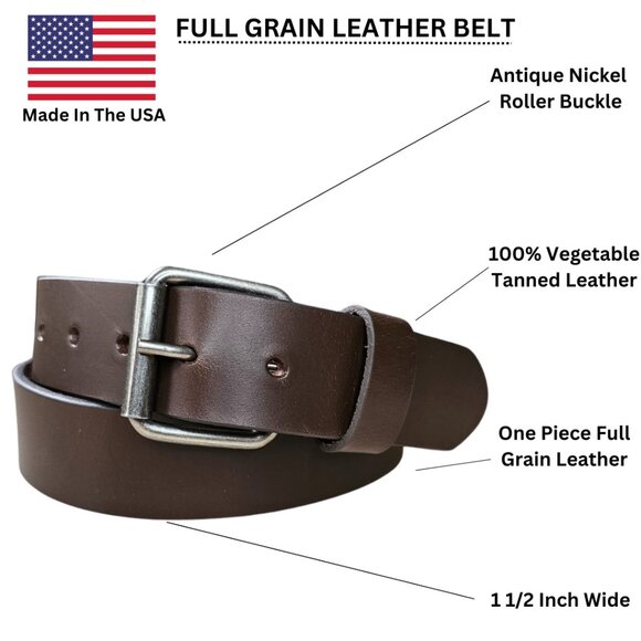 Men's Full Grain American Steer Hide Leather Brown Belt 1 1/2" Inches Wide USA - Picture 1 of 5